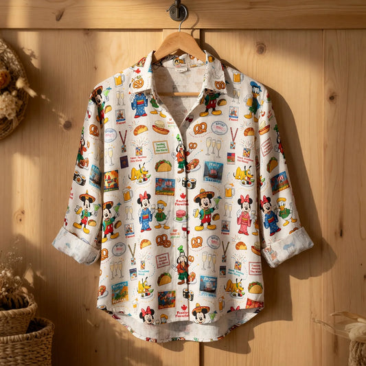 World Park Food & Wine Linen Shirt - Mouse Festival Pattern