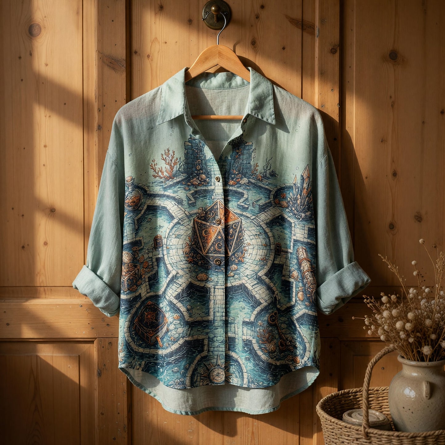 D20 Underwater Ruins Linen Shirt - Fantasy RPG Dice Theme