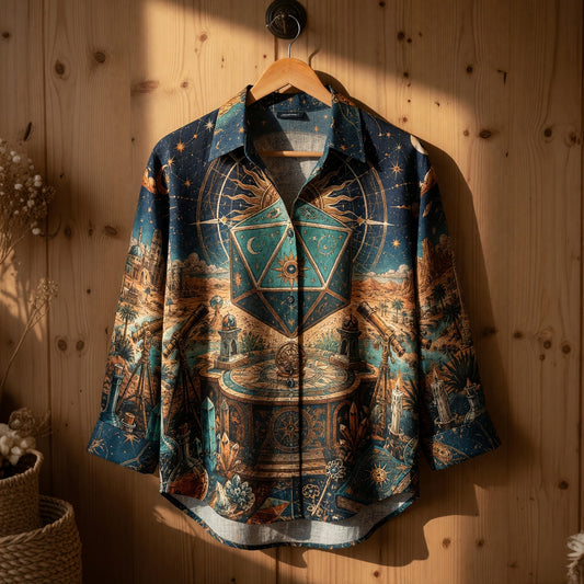 Celestial D20 Linen Shirt - Mystic Astrology Dice Fantasy