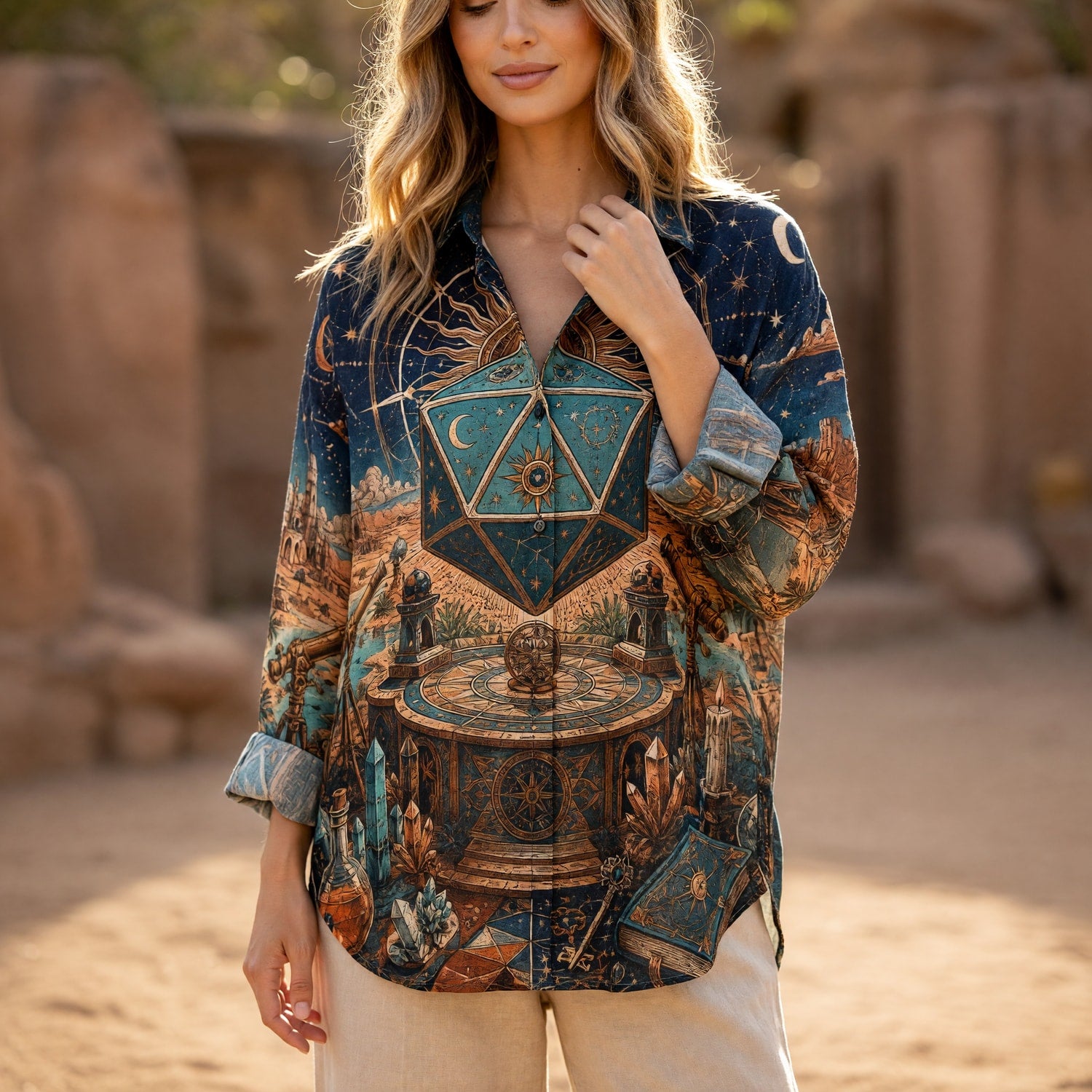 Celestial D20 Linen Shirt - Mystic Astrology Dice Fantasy