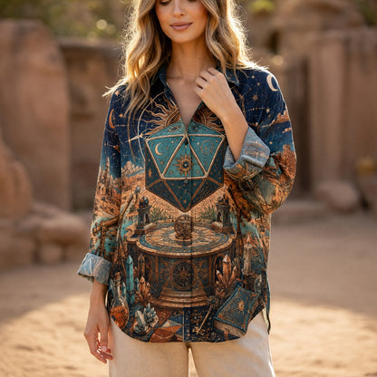 Celestial D20 Linen Shirt - Mystic Astrology Dice Fantasy