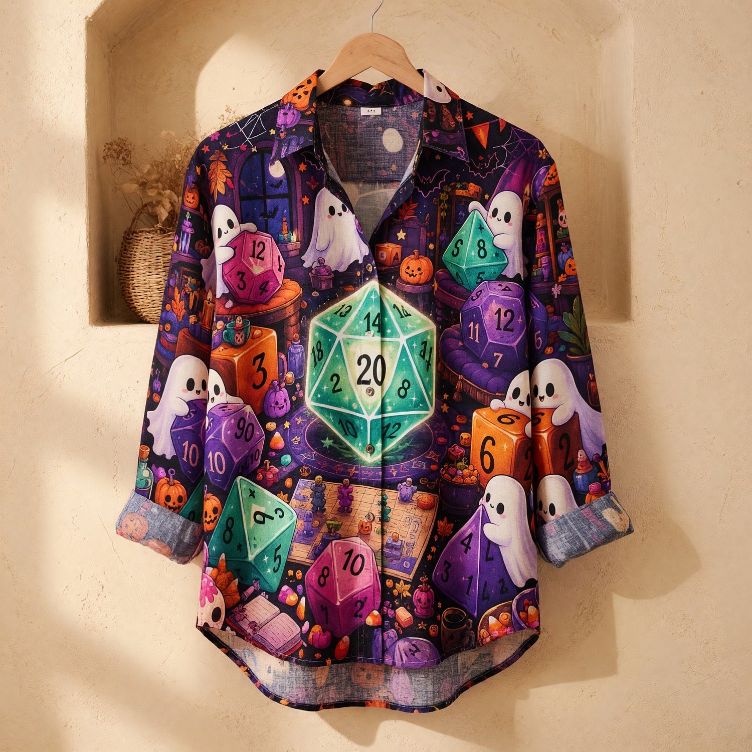 Spooky Halloween D20 Dice Linen Shirt - Cute Ghost RPG Gaming