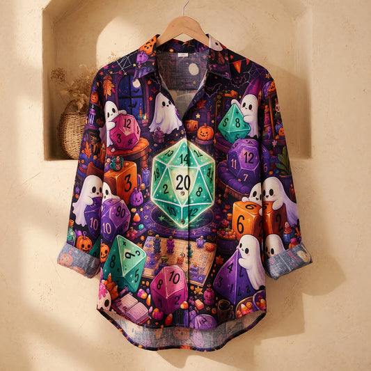 Spooky Halloween D20 Dice Linen Shirt - Cute Ghost RPG Gaming