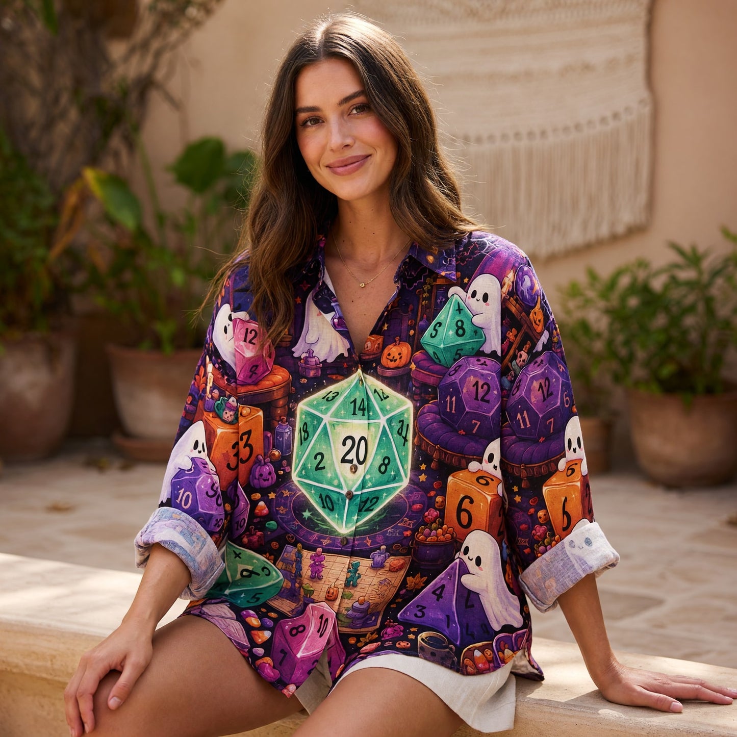 Spooky Halloween D20 Dice Linen Shirt - Cute Ghost RPG Gaming