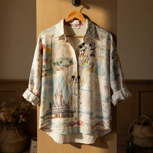 Storybook Resort Linen Shirt - Mouse Vintage Scarf Collage