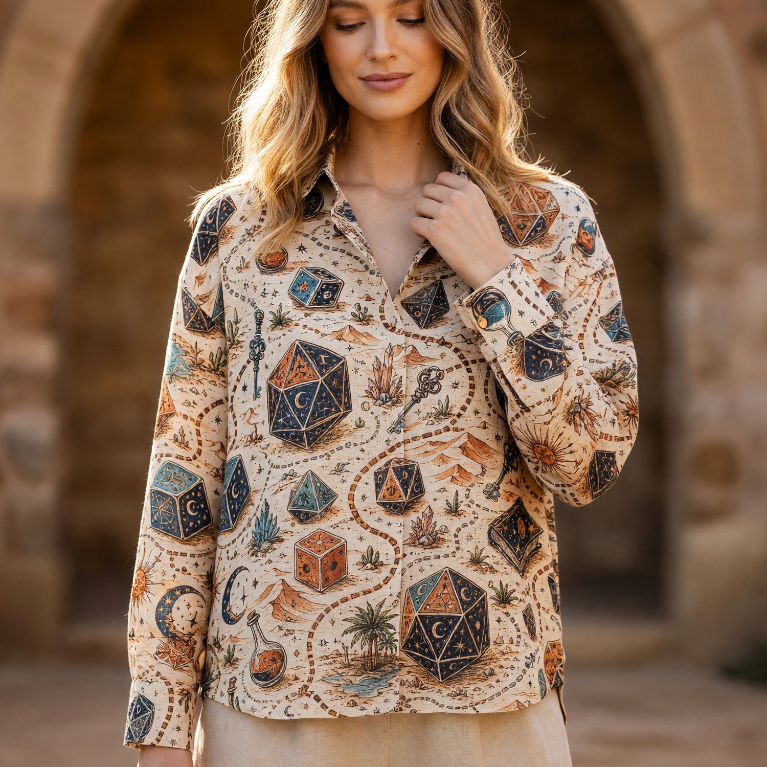 Dice Desert Linen Shirt - Fantasy RPG Vintage Map Art