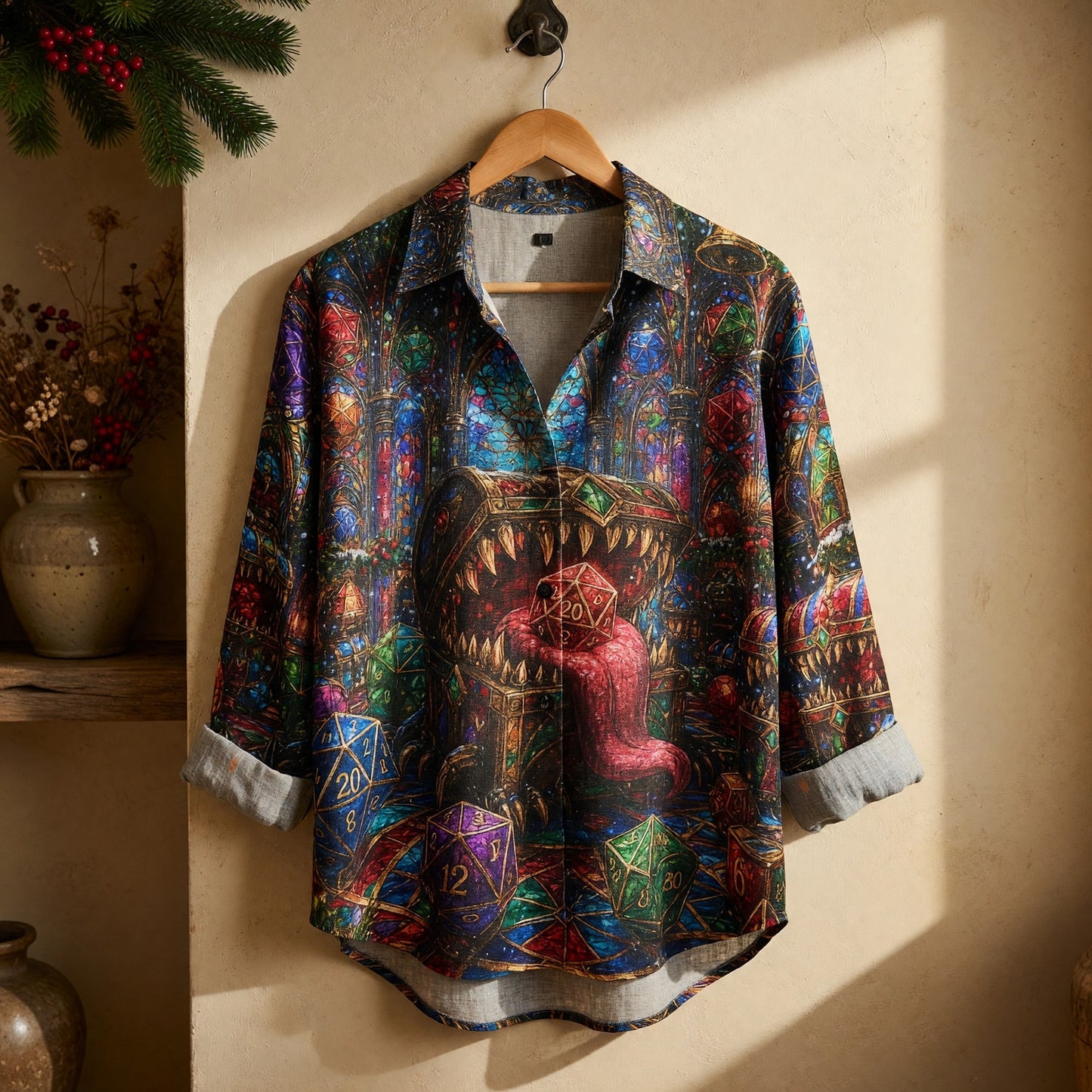Mimic Christmas Linen Shirt - Fantasy RPG Dice Holiday Apparel