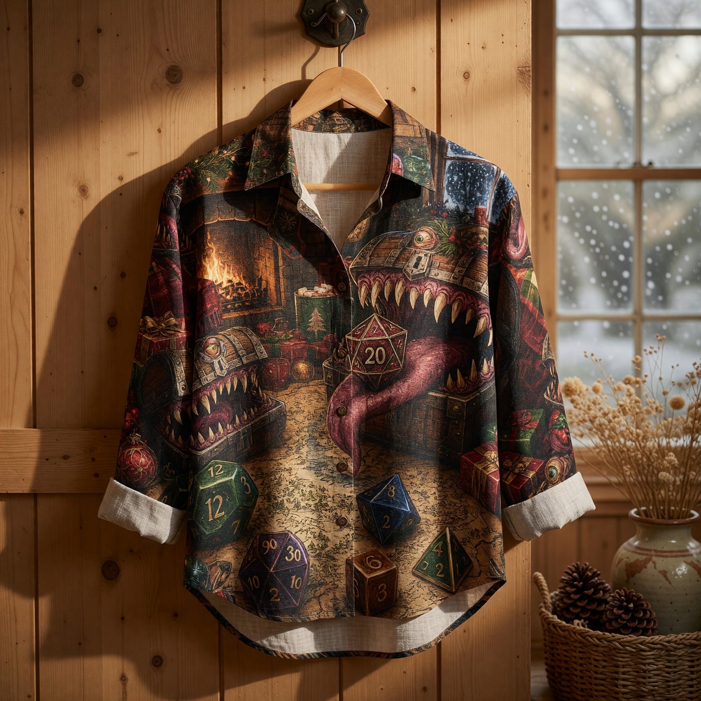 Mimic Christmas Linen Shirt - Fantasy Dice Holiday Apparel