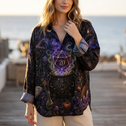 Witch Nat 20 Cauldron Linen Shirt - Magical Fantasy RPG Design