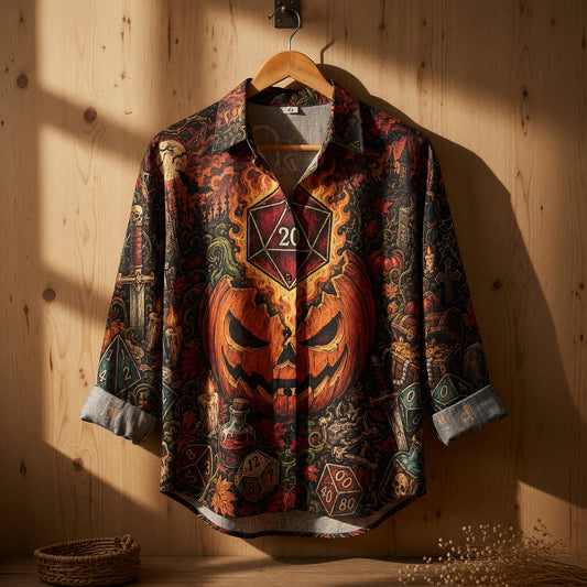 Fantasy Dungeon Halloween Linen Shirt - Spooky D20 RPG Dice Apparel