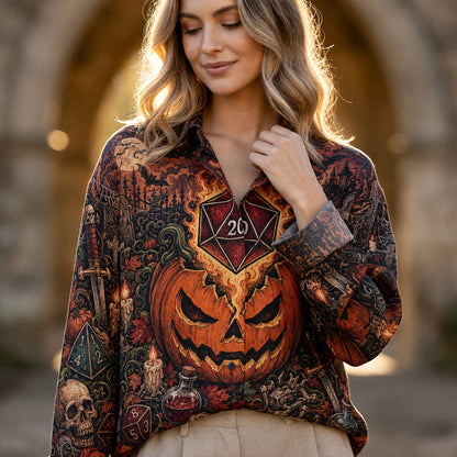 Fantasy Dungeon Halloween Linen Shirt - Spooky D20 RPG Dice Apparel