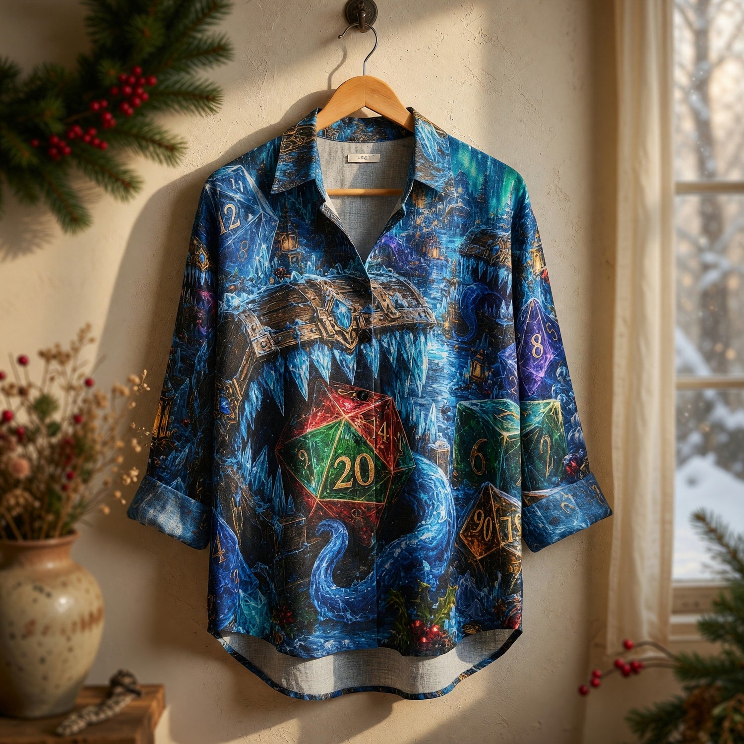 Icy Treasure Dice Linen Shirt - Fantasy Winter RPG Apparel