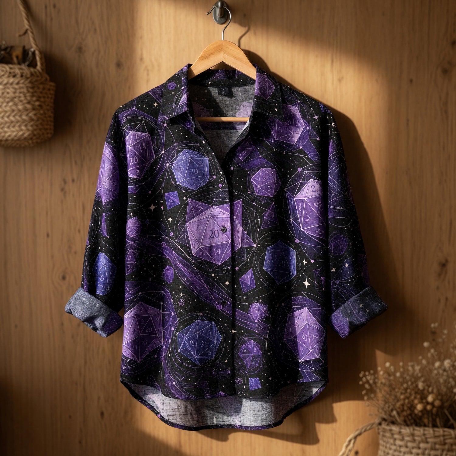 Cosmic Dice Linen Shirt - Purple Space Nebula RPG Pattern