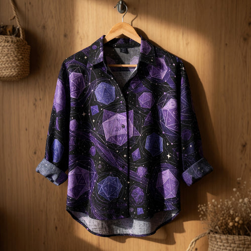 Cosmic Dice Linen Shirt - Purple Space Nebula RPG Pattern