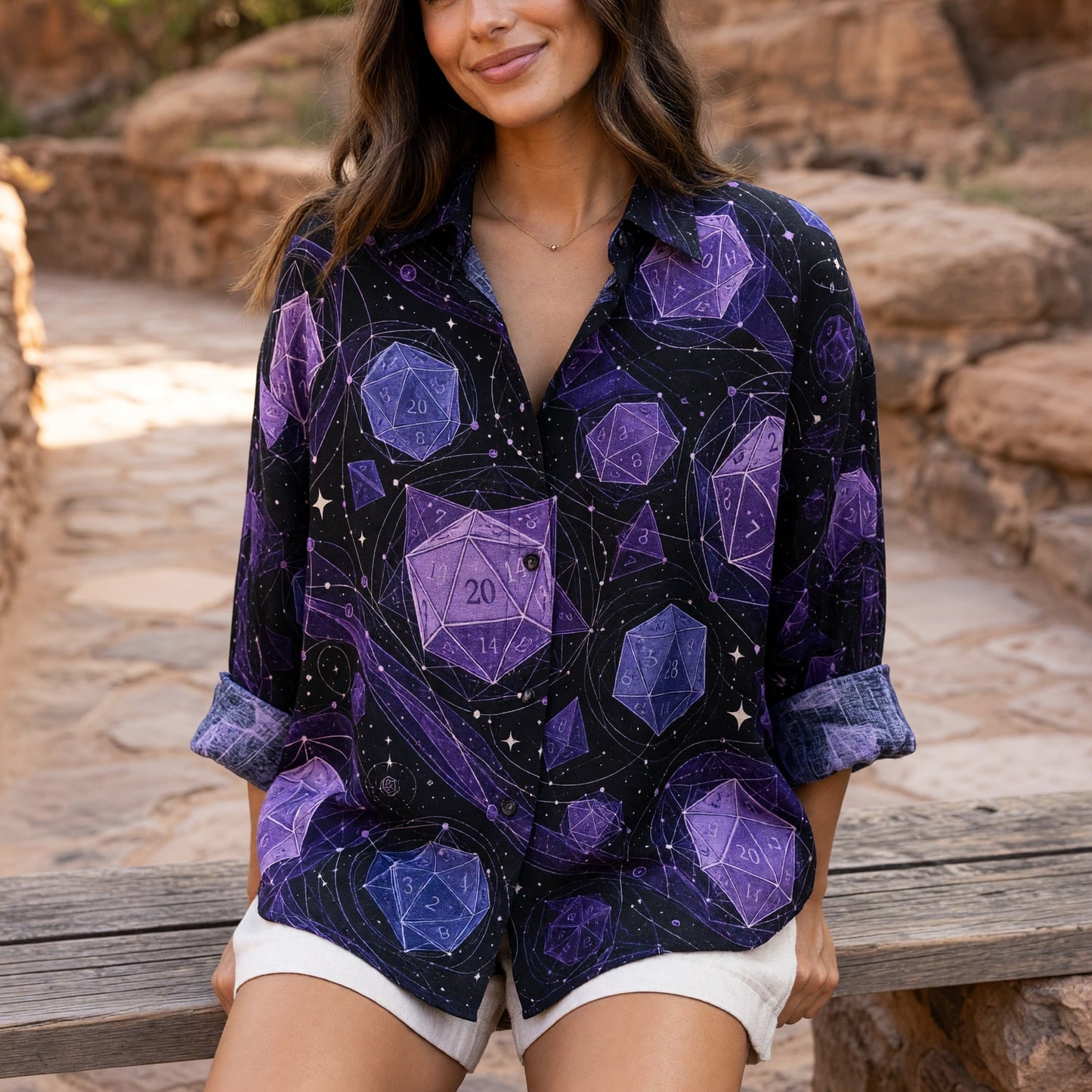 Cosmic Dice Linen Shirt - Purple Space Nebula RPG Pattern
