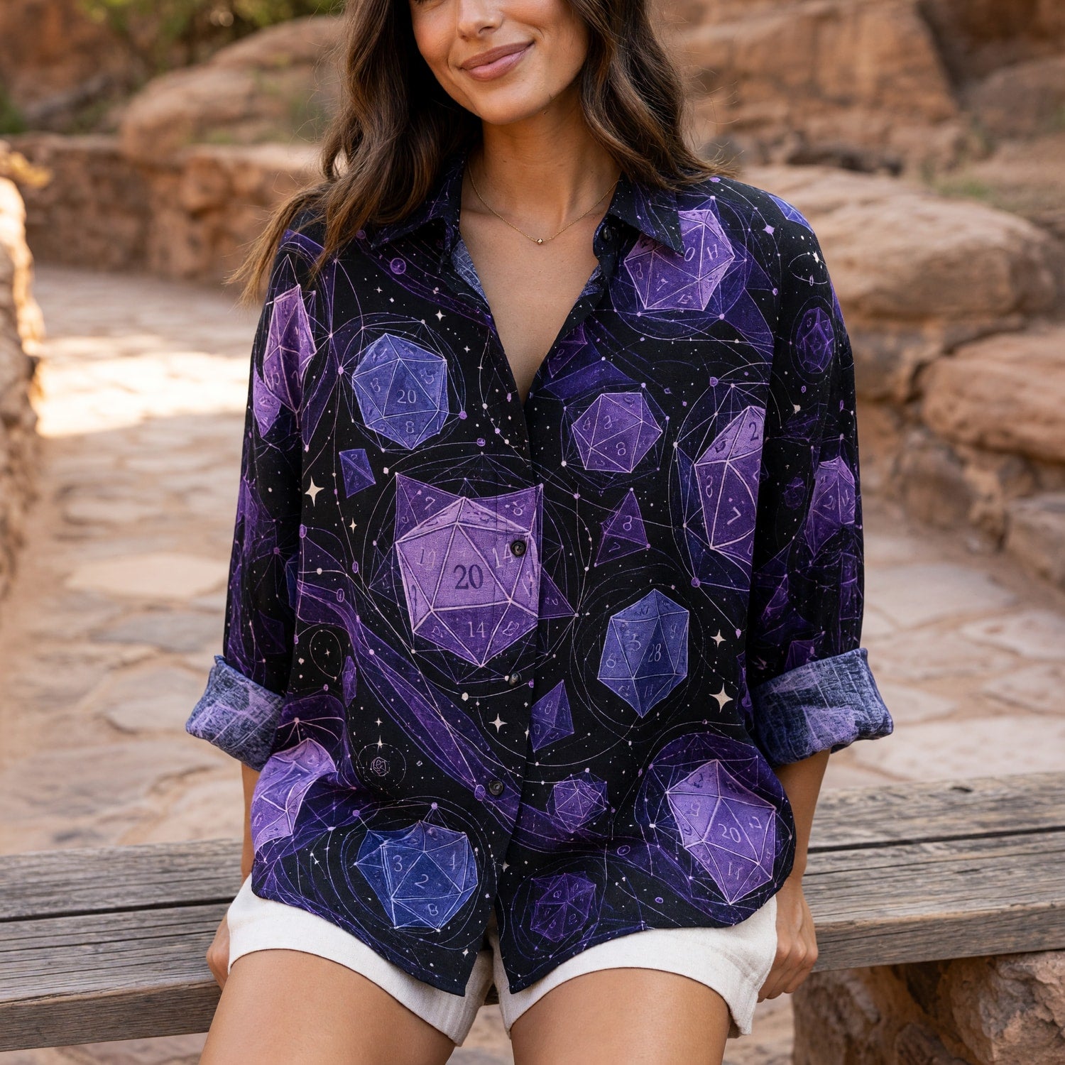Cosmic Dice Linen Shirt - Purple Space Nebula RPG Pattern