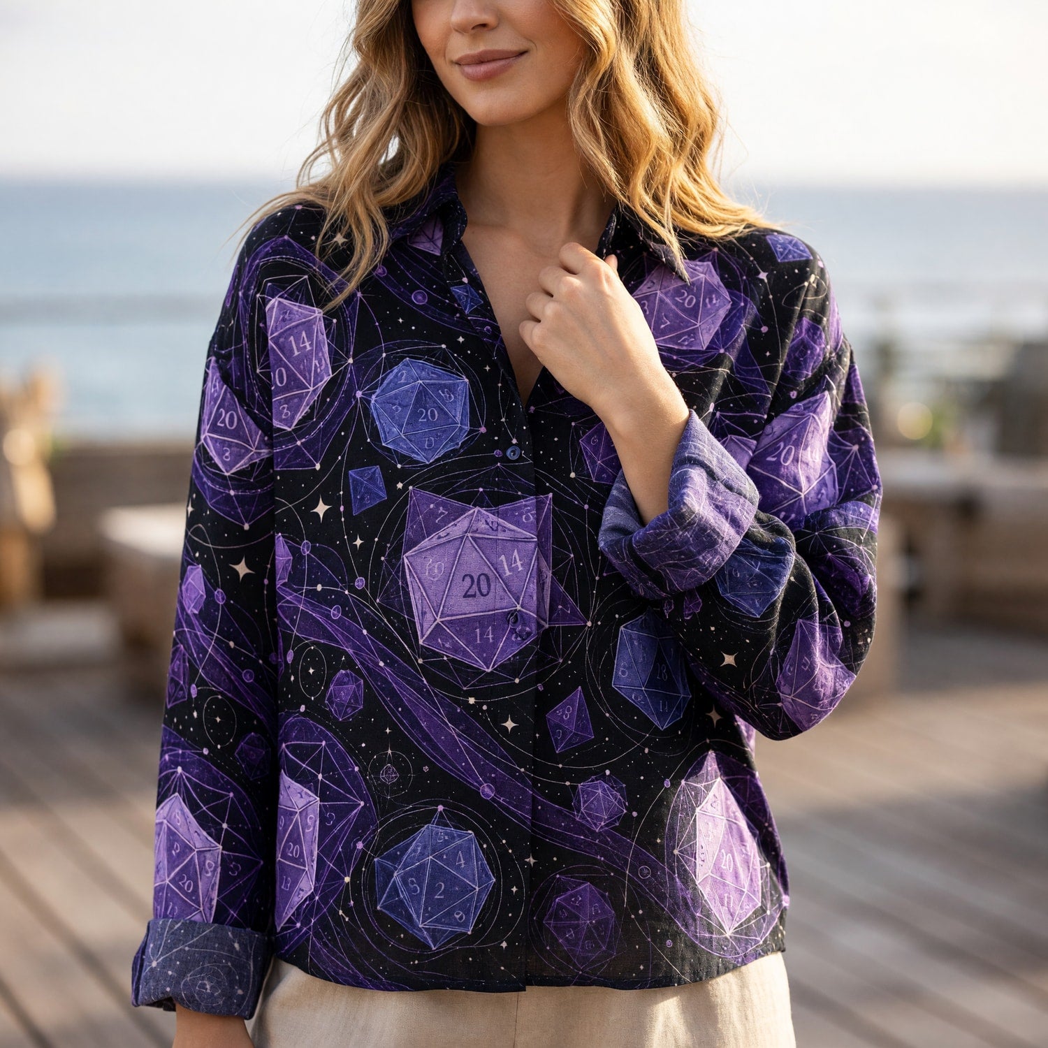 Cosmic Dice Linen Shirt - Purple Space Nebula RPG Pattern