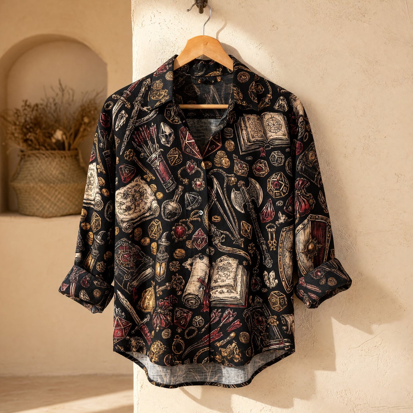 Fantasy Dungeon Linen Shirt - Fantasy RPG Dice Pattern