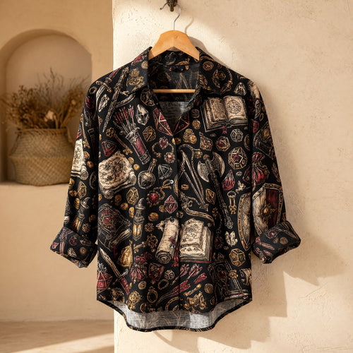 Fantasy Dungeon Linen Shirt - Fantasy RPG Dice Pattern