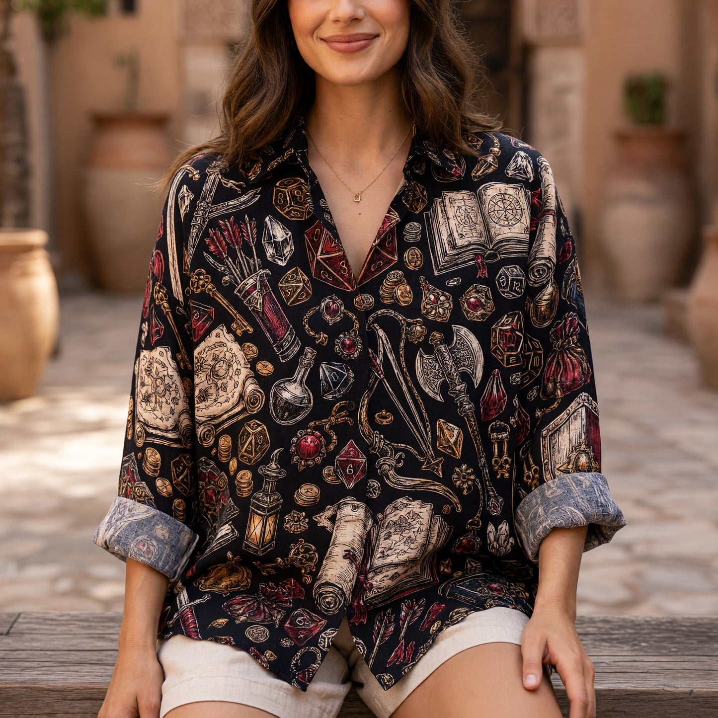 Fantasy Dungeon Linen Shirt - Fantasy RPG Dice Pattern