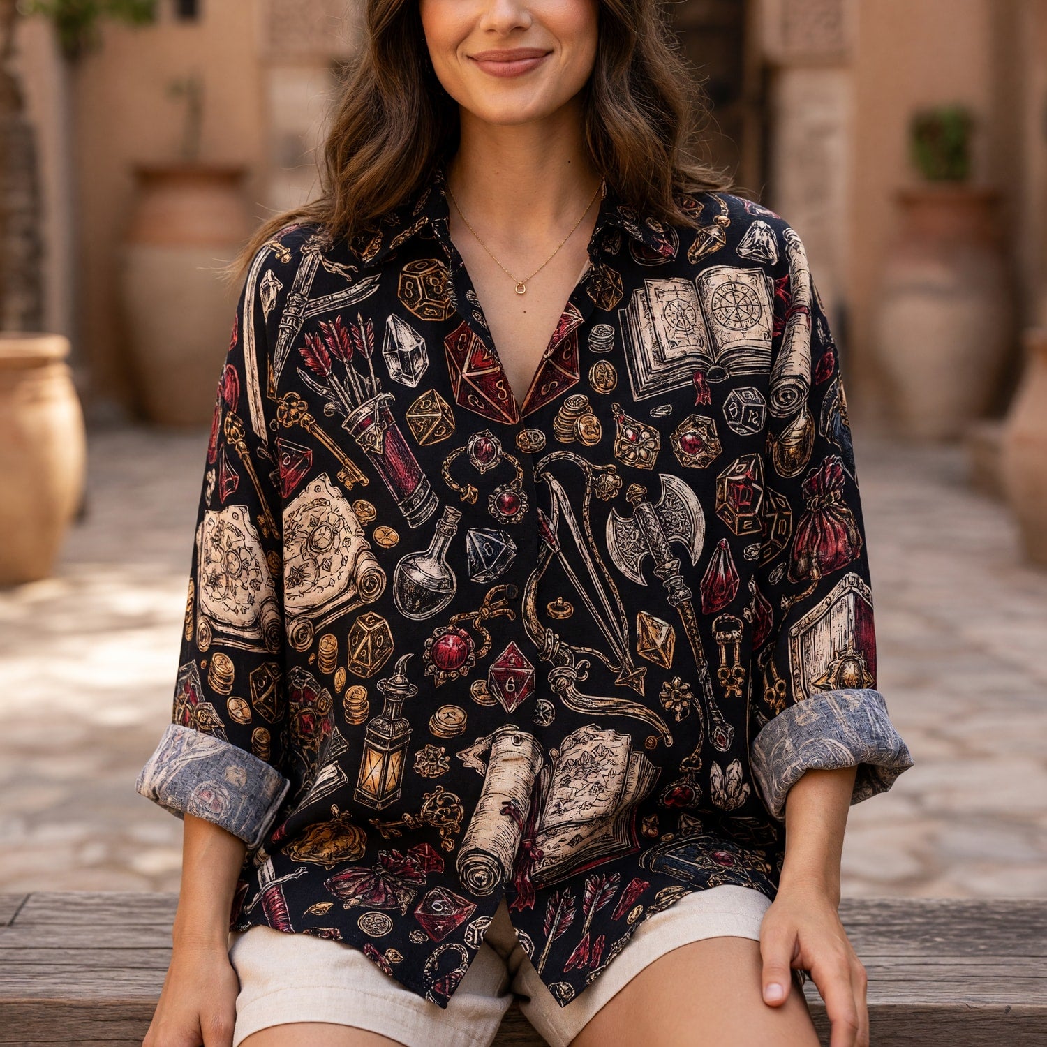 Fantasy Dungeon Linen Shirt - Fantasy RPG Dice Pattern