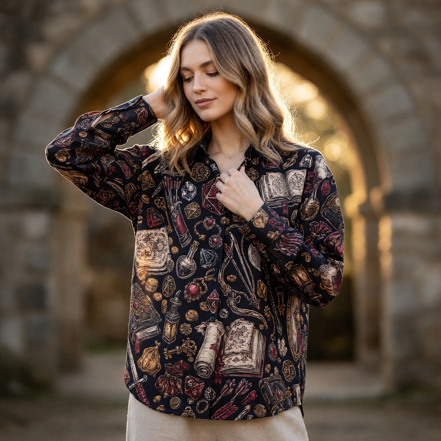 Fantasy Dungeon Linen Shirt - Fantasy RPG Dice Pattern