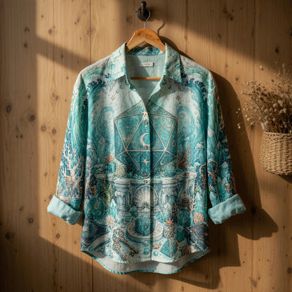 Mystic Ocean D20 Dice Linen Shirt - Fantasy Celestial Beachwear