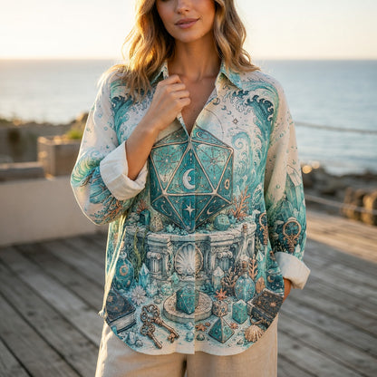 Mystic Ocean D20 Dice Linen Shirt - Fantasy Celestial Beachwear
