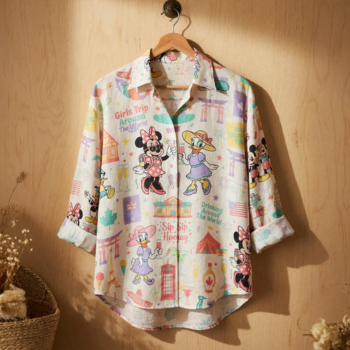 Girls Trip Linen Shirt - Mouse Lady Duck Drinking Around The World