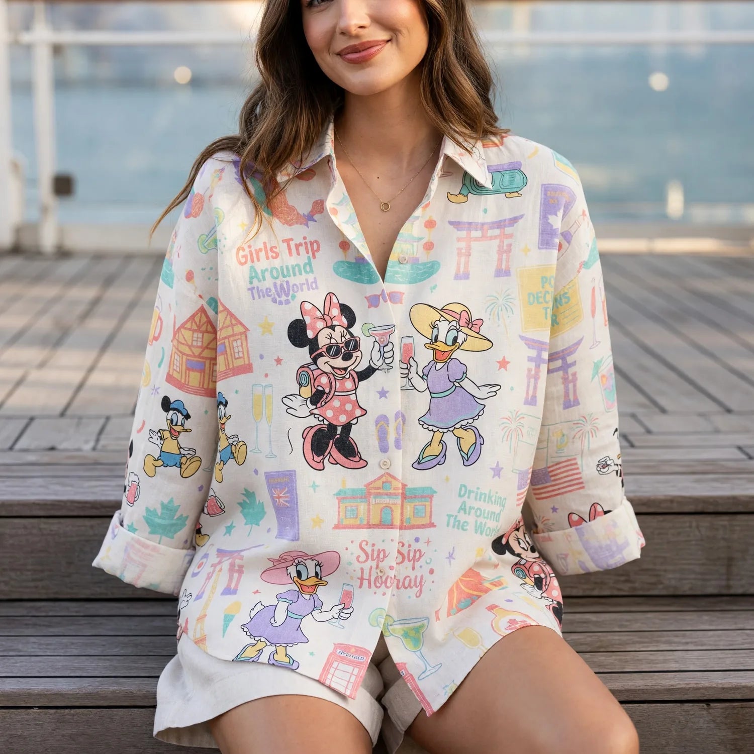 Girls Trip Linen Shirt - Mouse Lady Duck Drinking Around The World