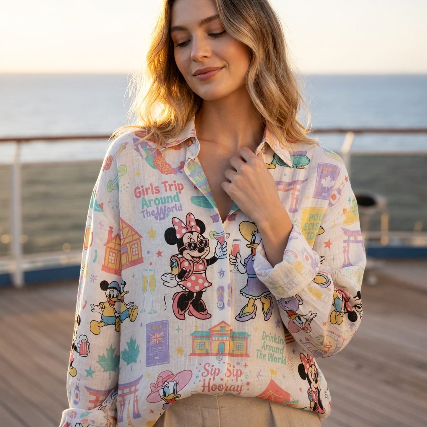 Girls Trip Linen Shirt - Mouse Lady Duck Drinking Around The World