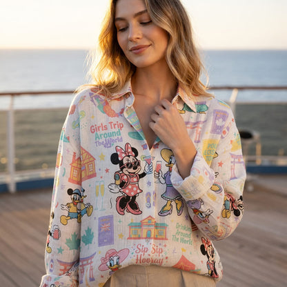 Girls Trip Linen Shirt - Mouse Lady Duck Drinking Around The World