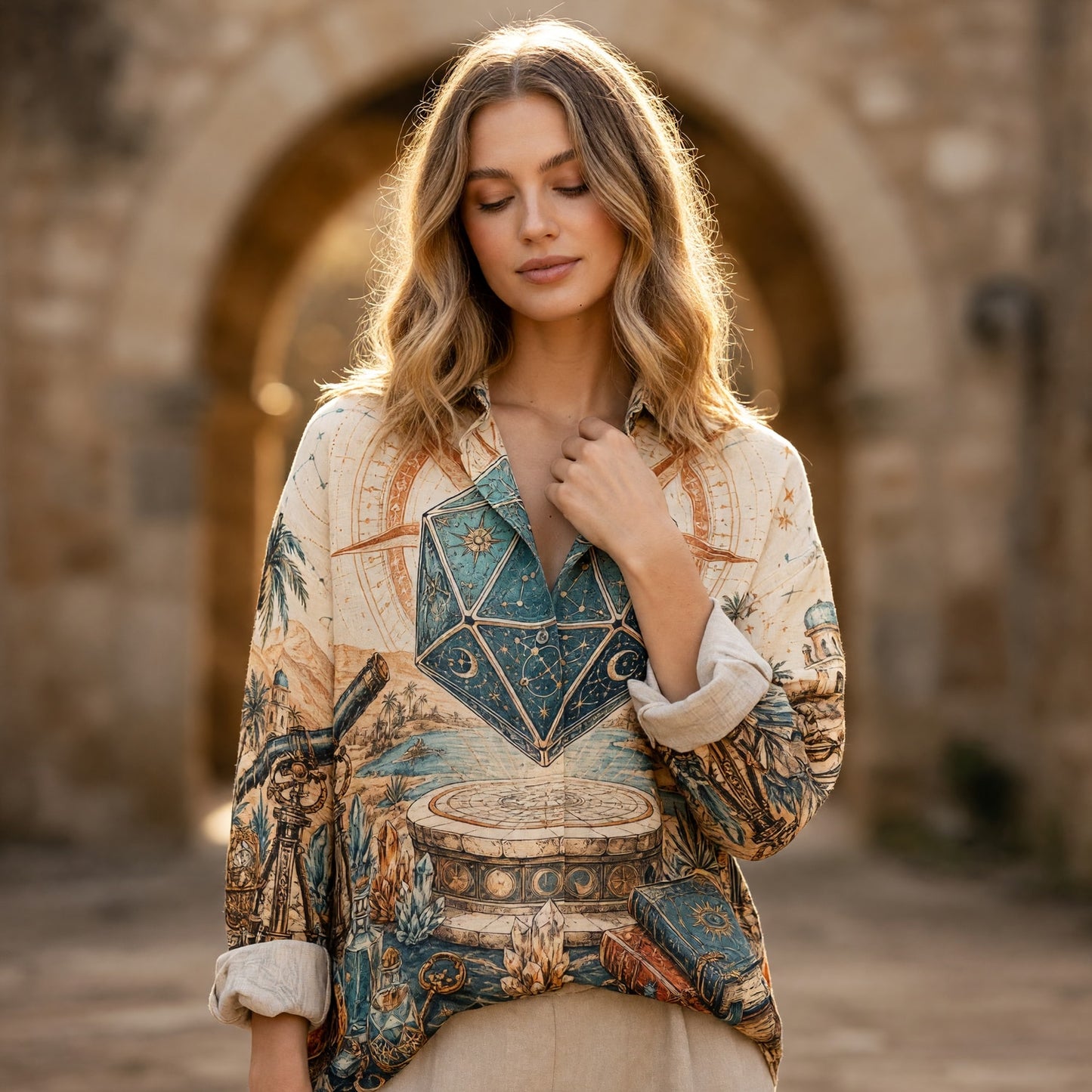 Astrology D20 Linen Shirt - Celestial Fantasy Mystical Apparel
