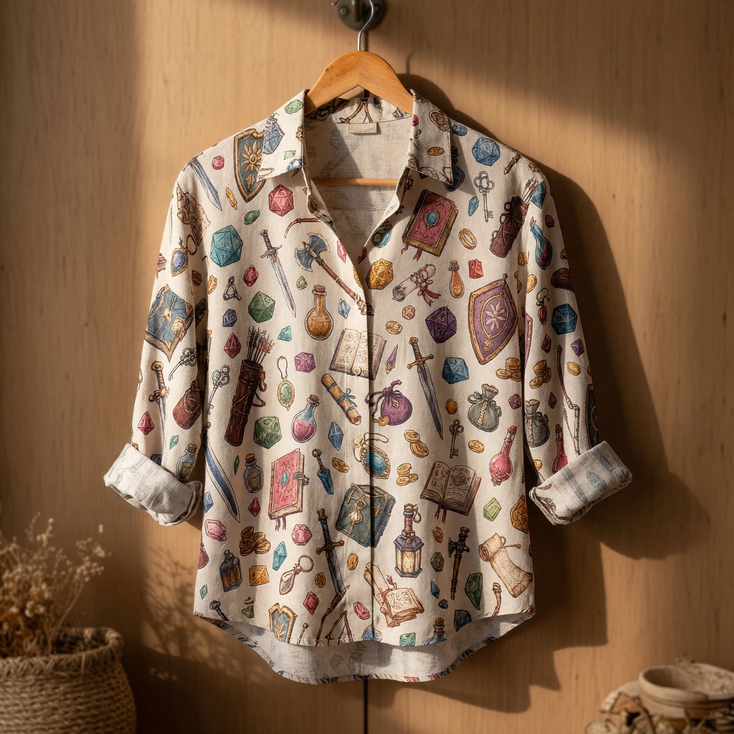 Fantasy Dungeon Linen Shirt - Fantasy RPG Dice Pattern