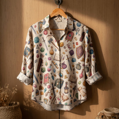 Fantasy Dungeon Linen Shirt - Fantasy RPG Dice Pattern