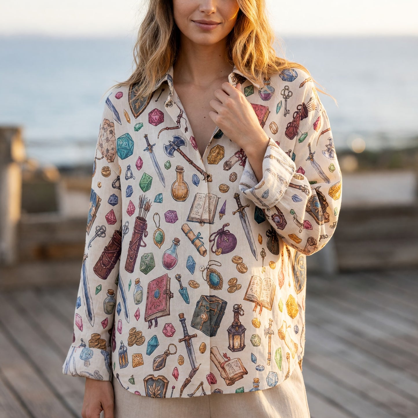 Fantasy Dungeon Linen Shirt - Fantasy RPG Dice Pattern