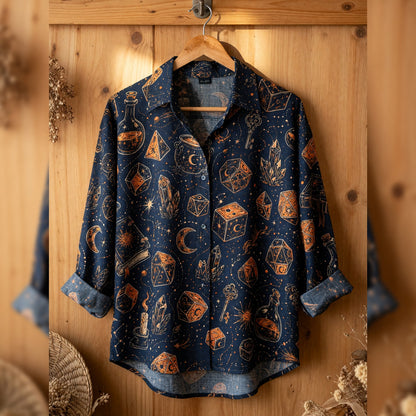 Fantasy Dungeon Dice Linen Shirt - Mystic Celestial Pattern
