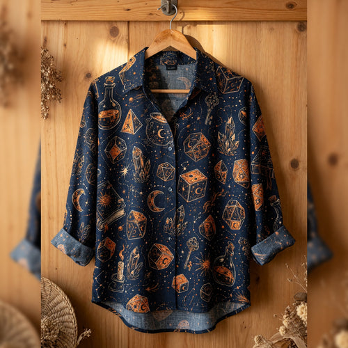 Fantasy Dungeon Dice Linen Shirt - Mystic Celestial Pattern