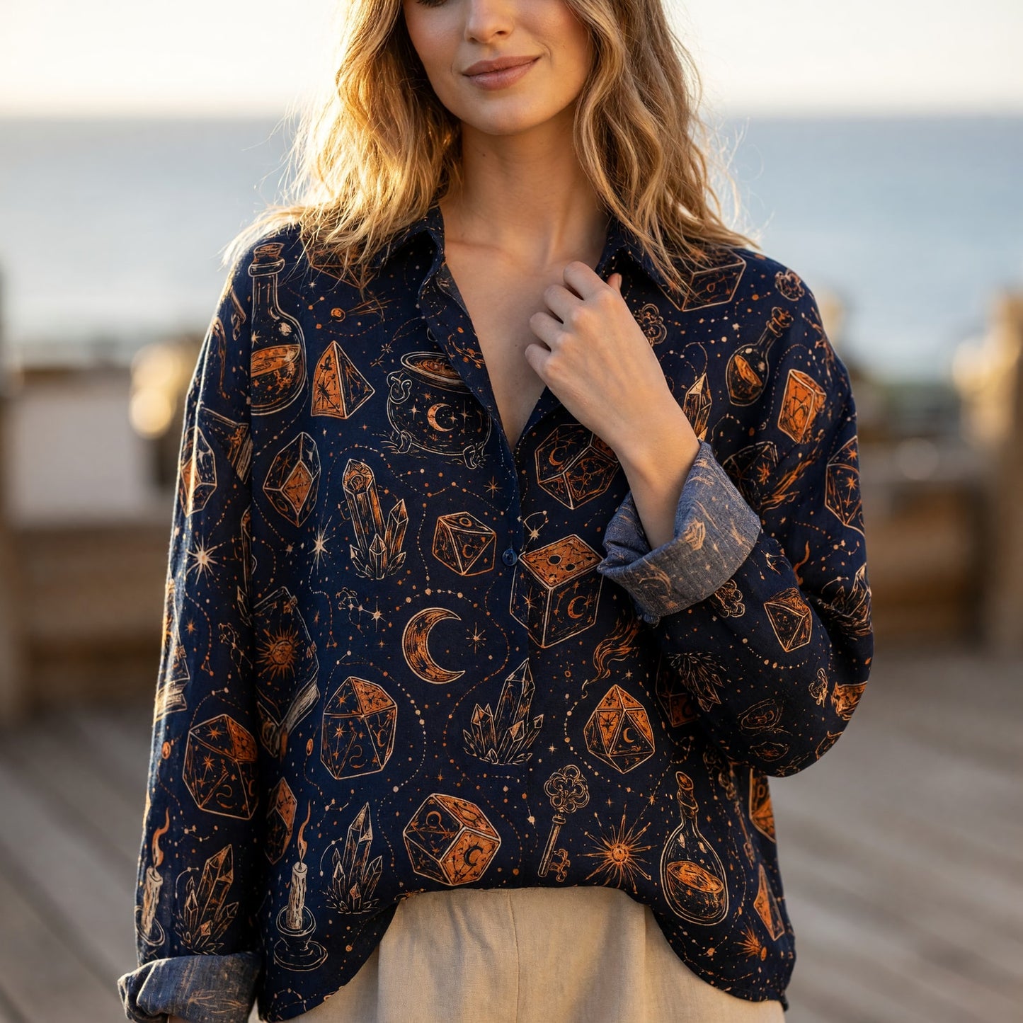 Fantasy Dungeon Dice Linen Shirt - Mystic Celestial Pattern