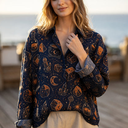Fantasy Dungeon Dice Linen Shirt - Mystic Celestial Pattern