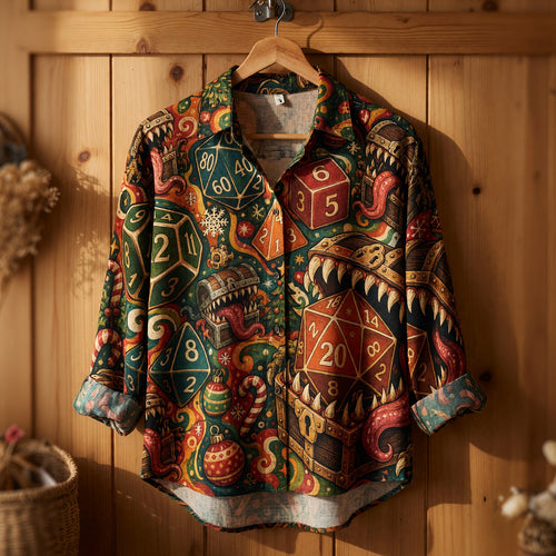 Christmas Mimic Dice Linen Shirt - Holiday RPG Streetwear