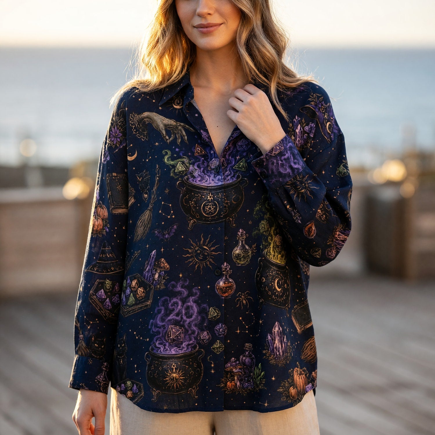 Witchy Linen Shirt - Mystic Dice Cauldron Fantasy RPG