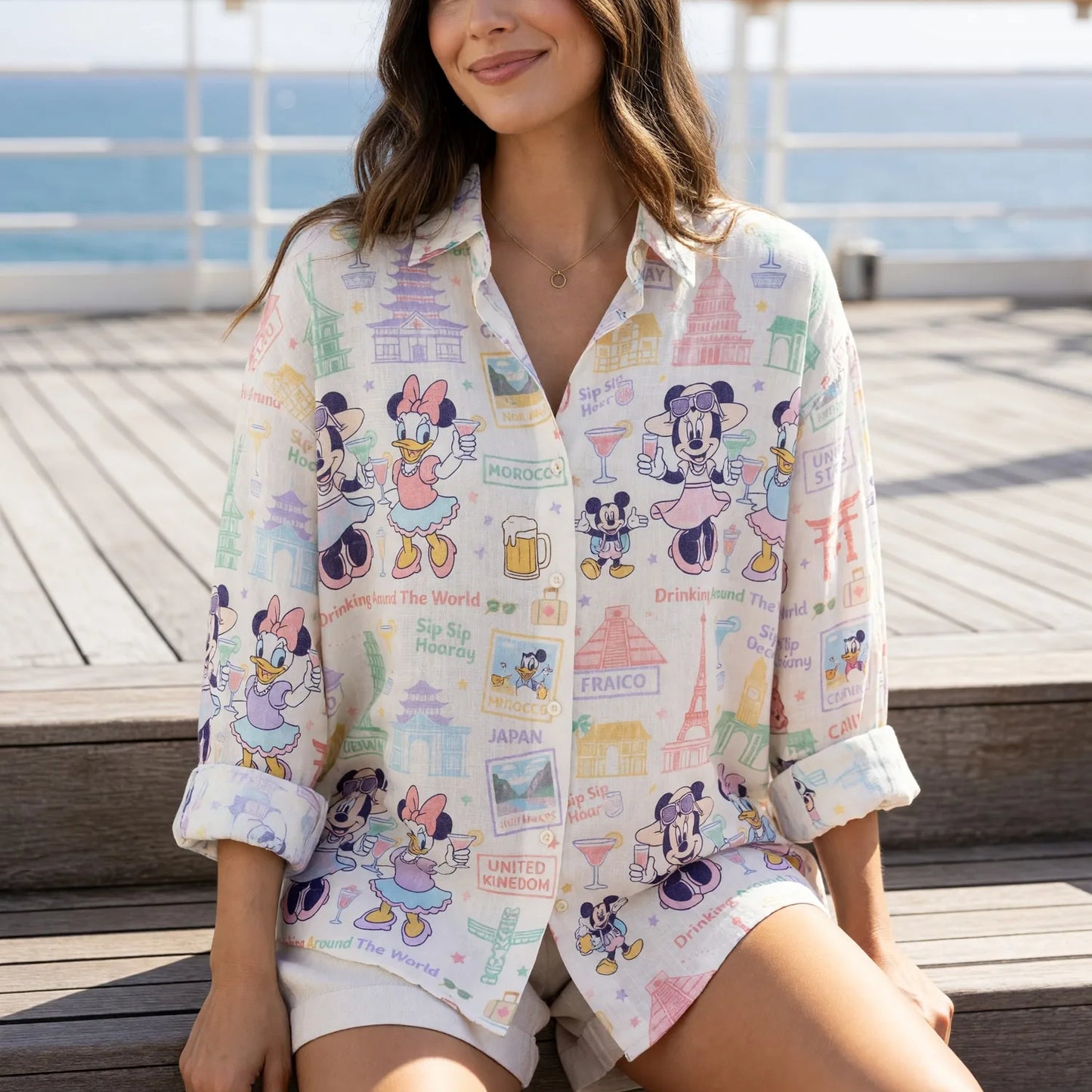 World Park Drinking Around The World Linen Shirt - Girls Trip Pattern