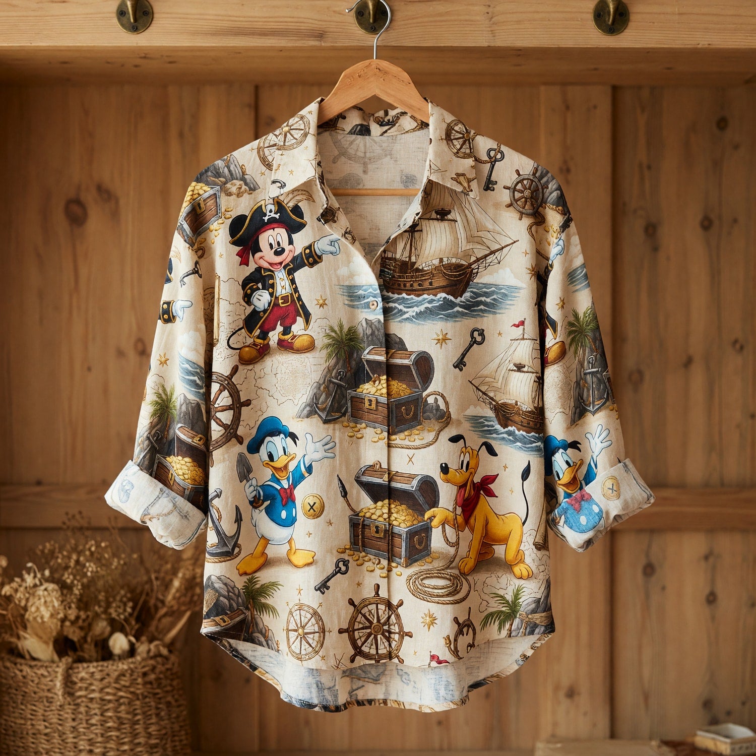 Pirate Mouse Linen Shirt - Treasure Map Cartoon Apparel