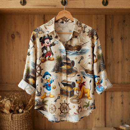 Pirate Mouse Linen Shirt - Treasure Map Cartoon Apparel