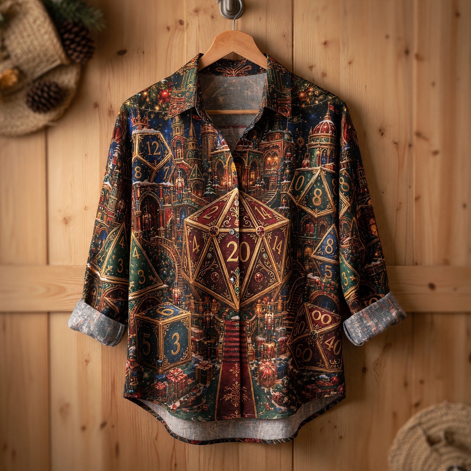 Christmas Dice Linen Shirt - Festive Holiday RPG Apparel
