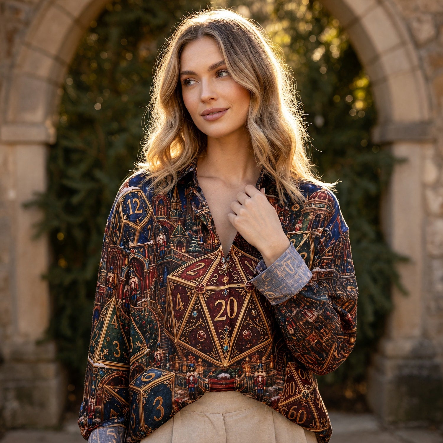 Christmas Dice Linen Shirt - Festive Holiday RPG Apparel