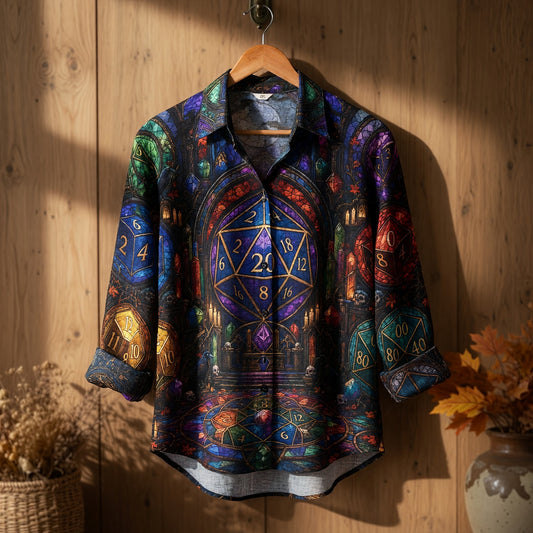 Fantasy Dungeon Dice Linen Shirt - Gothic Stained Glass Fantasy