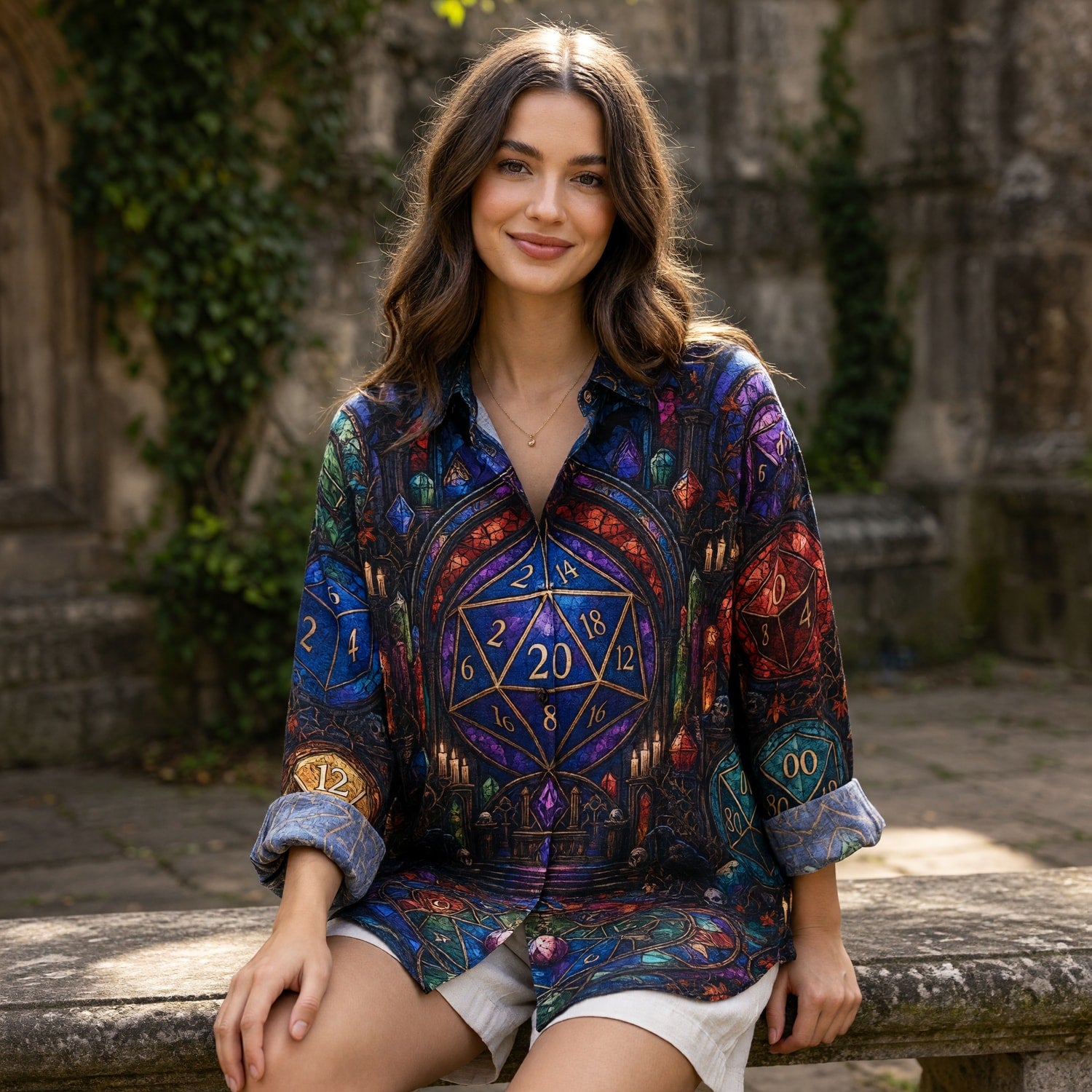 Fantasy Dungeon Dice Linen Shirt - Gothic Stained Glass Fantasy