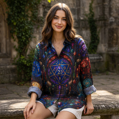 Fantasy Dungeon Dice Linen Shirt - Gothic Stained Glass Fantasy
